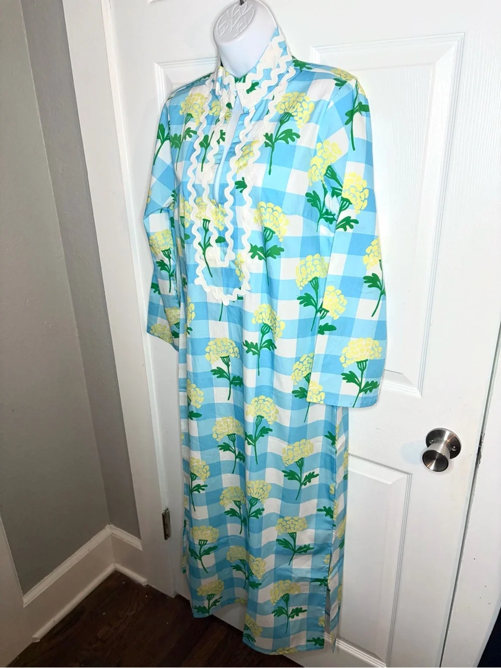 SAIL TO SABLE Long Sleeve Cotton Blue Gingham Floral Print Midi Dress M NWT - Picture 6 of 11